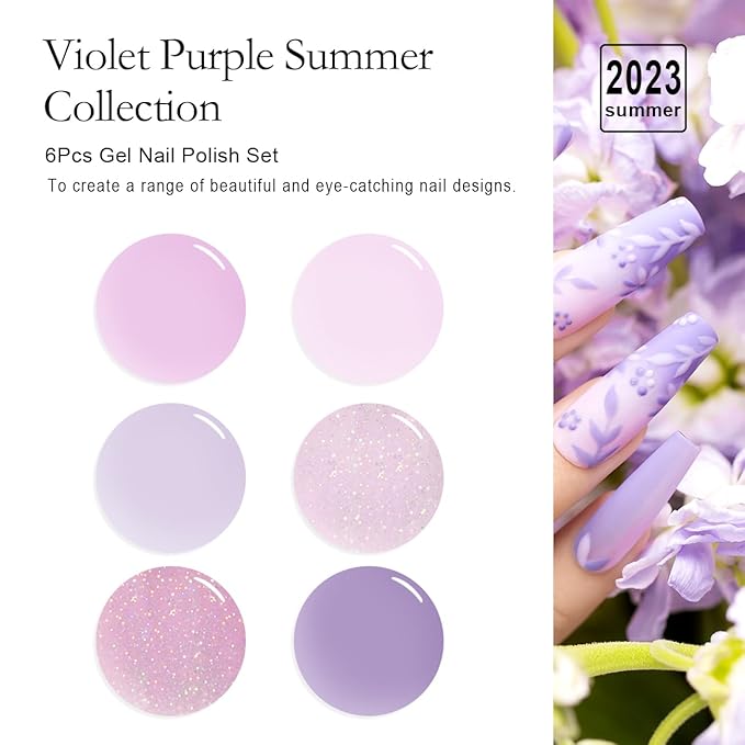 RARJSM Nude Gel Nail Polish Purple Glitter 6pcs Set 7.5ml Jelly Shimmery Sheer Violet Nail Gel Polish Iridescent Sparkly Light Purple Pink Translucent Natural Skin Tone Color Soak off UV LED Cured