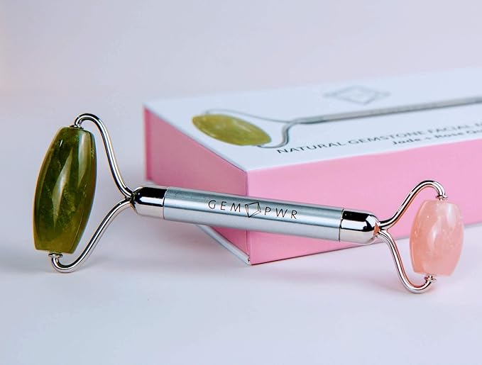Rose Quartz + Jade Roller for Face and Neck Massage, Dual Gemstones with Durable Steel Handle and Travel Bag. Minimize Wrinkles, Reduce Puffiness and Restore Skin's Elasticity and Radiance