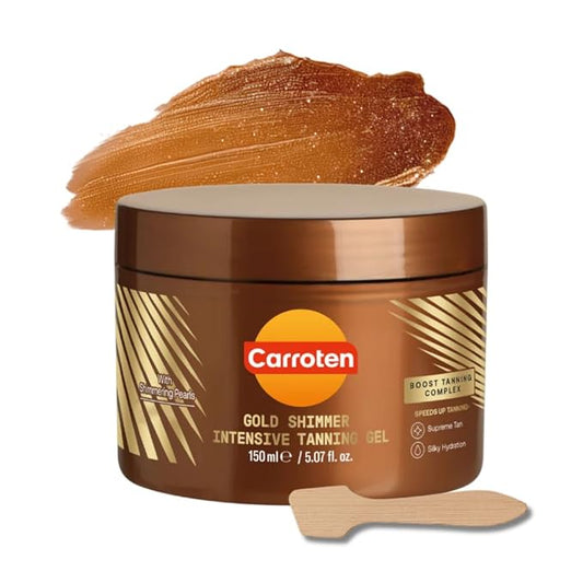 Carroten Gold Shimmer Intensive Tanning Gel | Browning Tan Accelerator | Non-Greasy, Water-Resistant with Carrot and Coconut Oil | Vitamin A & E For Moisture & Hydration | 5 Fl Oz + Spatula