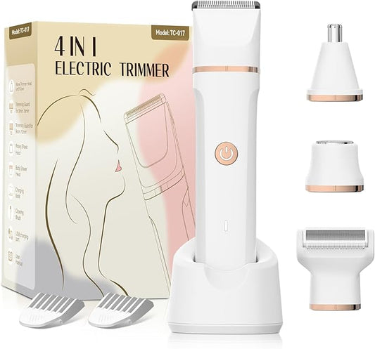 Electric Bikini Trimmer for Women - 4 in 1 Electric Razors for Women, Waterproof Pubic Hair Trimmers and Facial Hair Remover, Replaceable Shaver & Nose Hair Trimmer, Rechargeable Women's Grooming Kit