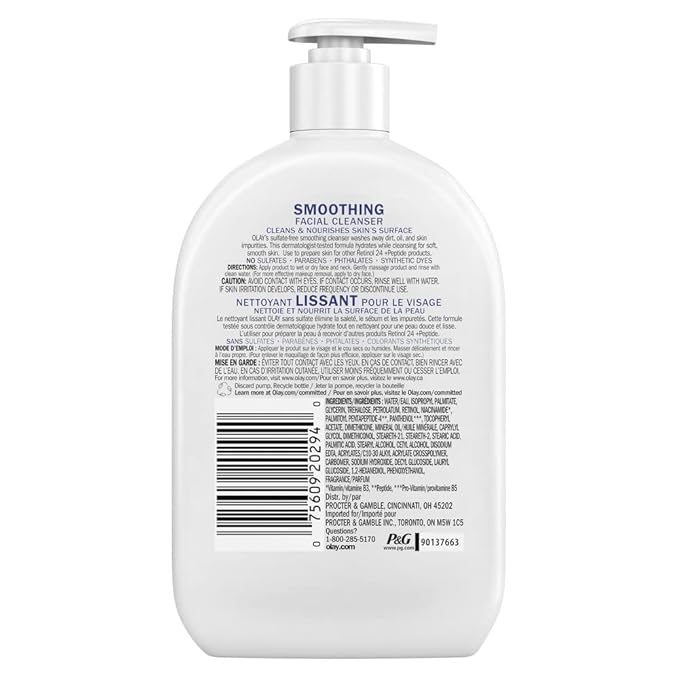 Olay Face Wash, Daily Facial Cleanser with Retinol, Peptides & Glycerin - Smoothing, Noursihes Skin Surface, Hydrates while Cleansing - Sulfate-Free, Paraben-Free, 16 Oz