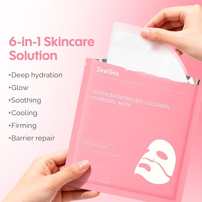 ZealSea Bio Collagen Wrapping Hydrogel Face Mask, Overnight Jelly Gel Sheet Mask for Glass Skin, Deep Hydration, Pore Care, Elasticity Improvement, Firming, Advanced Facial Skincare Solution, 4 Pack