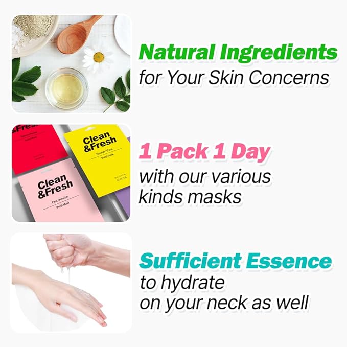 EUNYUL [PACK OF 10] Clean & Fresh Sheet Mask 22 ml / 0.74 fl.oz. 10 types Korean Sheet Mask Bundle Pack For All Skin Type Face Mask Pack