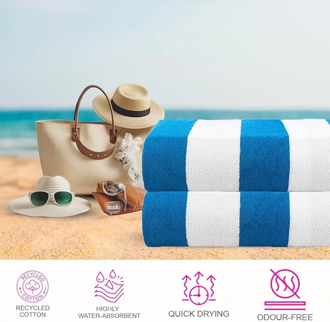 CASA COPENHAGEN Cabana Pool Towels Designed in Denmark Rough and Tough, Quick Dry, for Pool, Bath & Shower 2 Piece Cotton Pool Towels Set - Turquoise