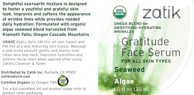 Zatik Naturals - Gratitude Face Serum with Seaweed and Algae, USDA Organic,Vegan, Non GMO Gluten Free Soy Free Alcohol Free pH Balanced Biodegradable, 1.0 fl oz, 30ml