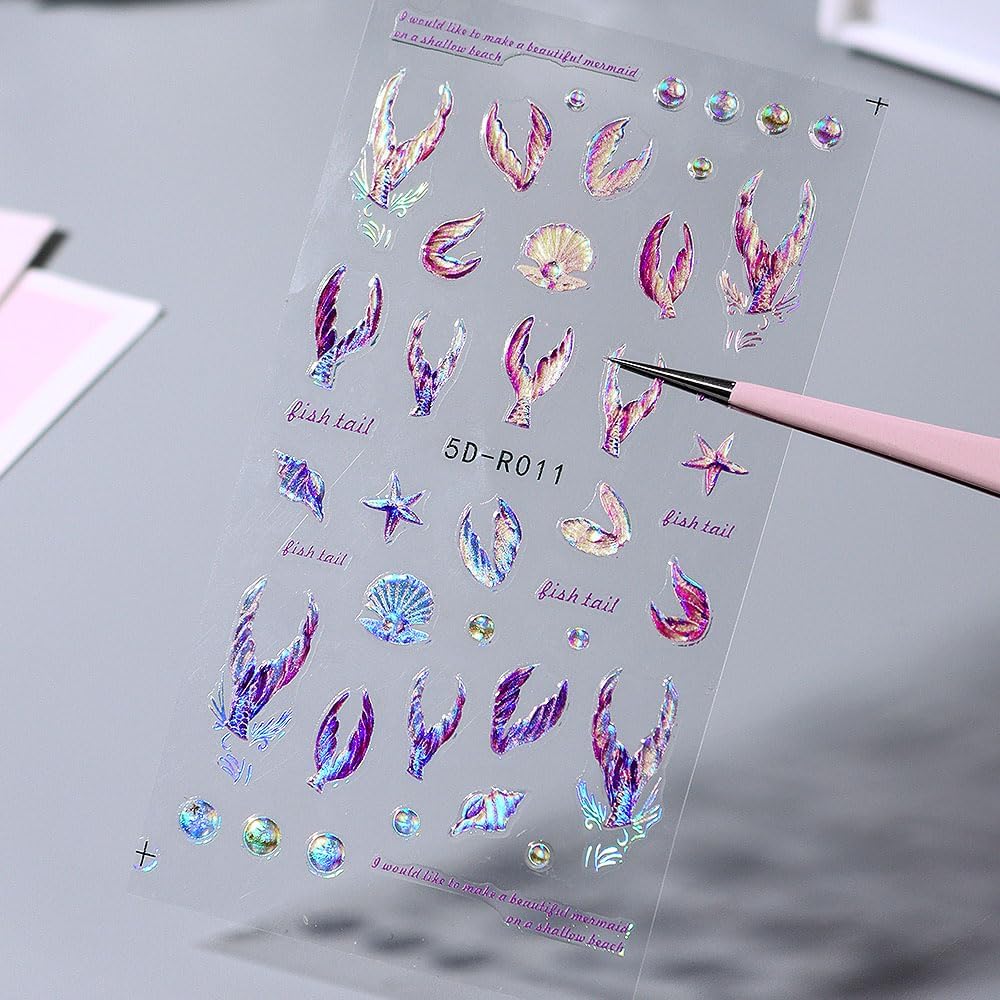 5D Dreamy Mermaid Tail Nail Stickers Summer Nail Decals 5D Embossed Laser Mermaid Nail Art Stickers Sea Wave Fishtail Shellfish Starfish Nail Design Stickers Self Adhsive Ocean Stickers for Nails DIY