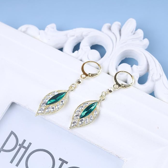 Vintage Emerald Leaf Earrings Rhinestone Leaf Drop Earrings Green Emerald Dangle Earrings Gold Crystal Leaf Hoop Earrings Jewelry for Women
