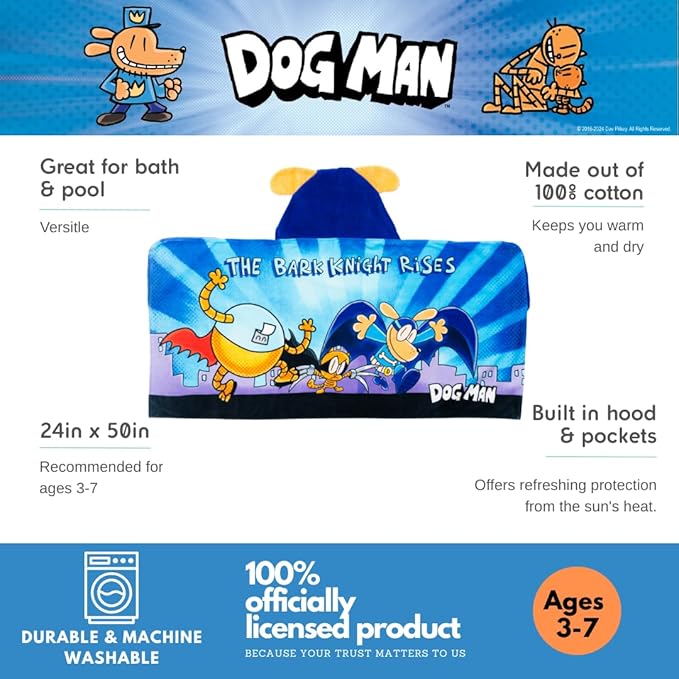 Dog Man Supa Comic Kids Super Soft Bath/Pool/Beach Soft Cotton Terry Hooded Towel Wrap, 24 in x 50 in, (Officially Licensed Product) by Franco