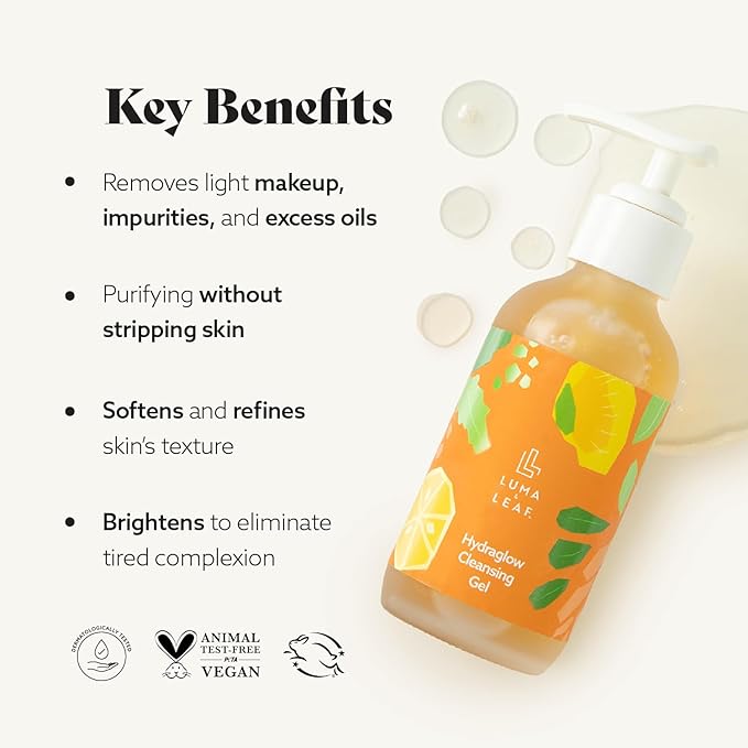 LUMA & LEAF Hydraglow Brightening Face Wash with Hyaluronic Acid | Gentle Daily Exfoliating Gel Cleanser for Dull Skin & Dark Spots | For All Skin Types | 3.8 fl oz