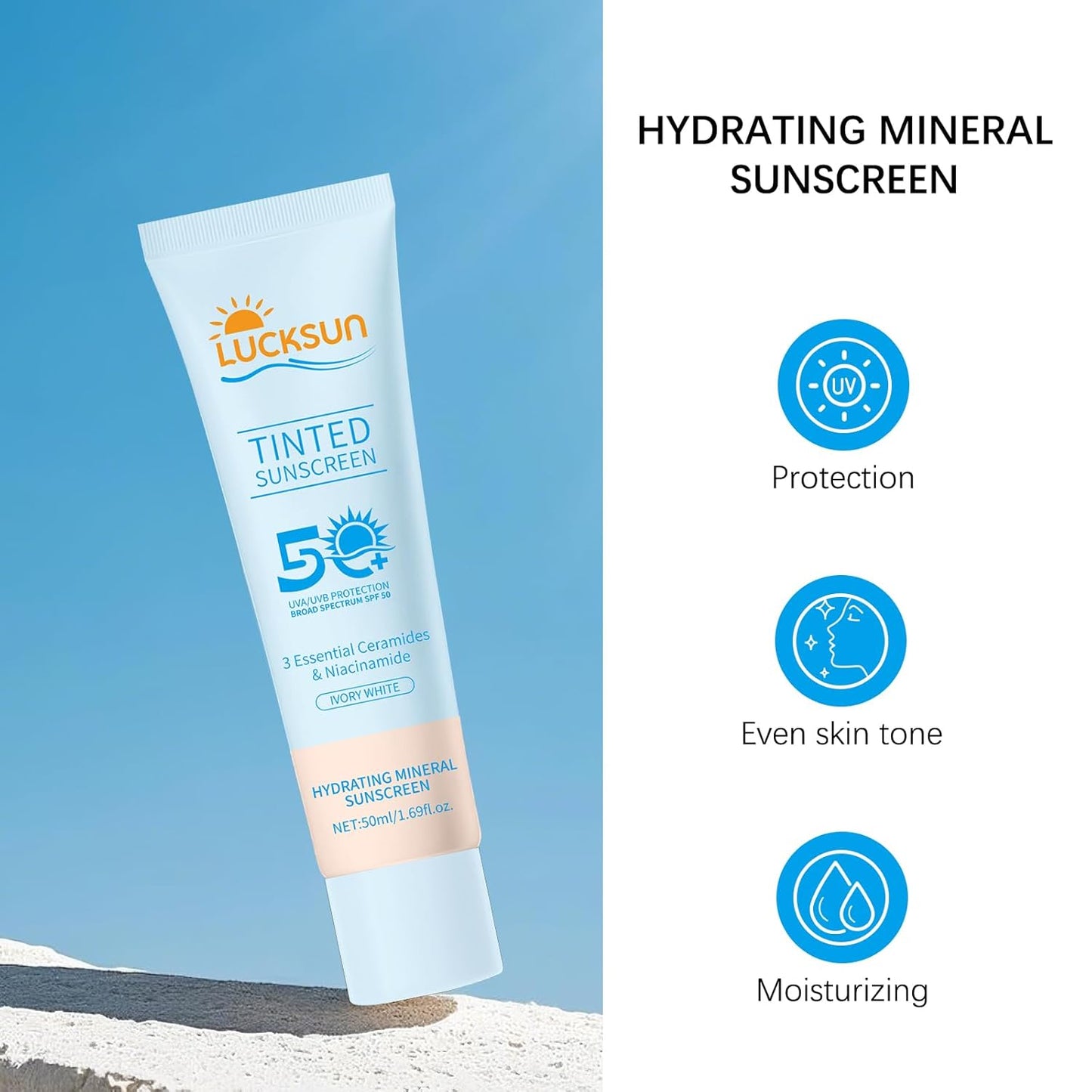 Tinted Sunscreen for Face SPF 50, 2 PCS Defense SPF 50 Face Sunscreen Lotion with Hyaluronic Acid, Sun Essence Faces Sunscreens, Hydrating, Moisturizing, UV Defense, Travel Size (Light Color)