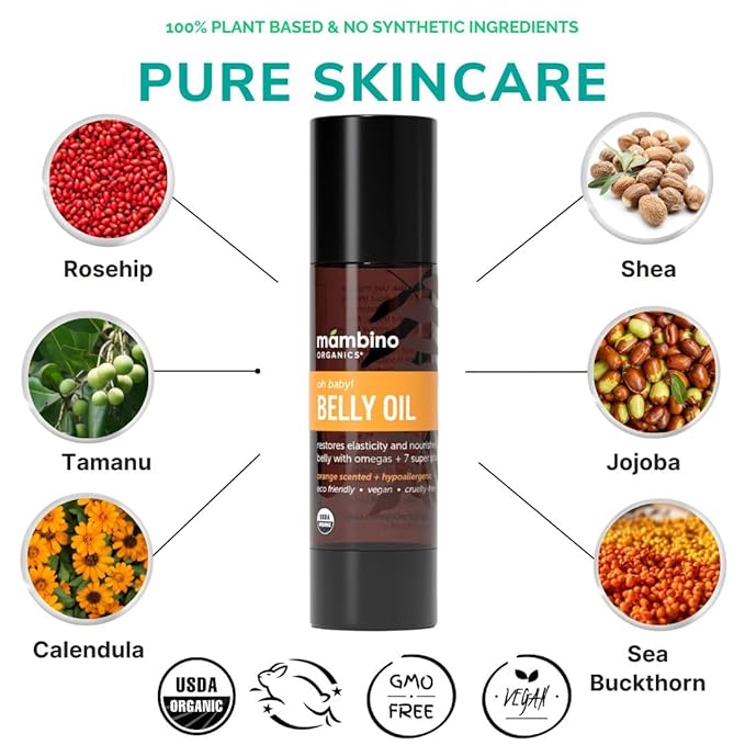 Mambino Organics Oh Baby! Belly Oil – Organic Elasticity Serum with Egyptian Calendula, Vietnamese Tamanu & Dutch Shea – Pregnancy Oil for Stretch Marks – Vegan Cruelty-Free Maternity Care, 2 fl oz