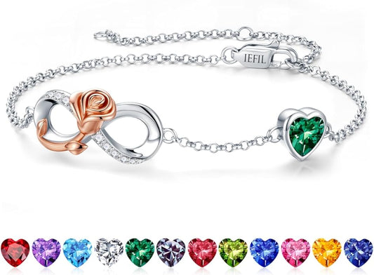 Iefil Infinite Rose Birthstone Bracelet for Women, 925 Sterling Silver Charm Link Birthstone Bracelet, Anniversary Birthday Gifts for Women, Mothers Day Valentines Christmas Gifts for Wife Girlfriend