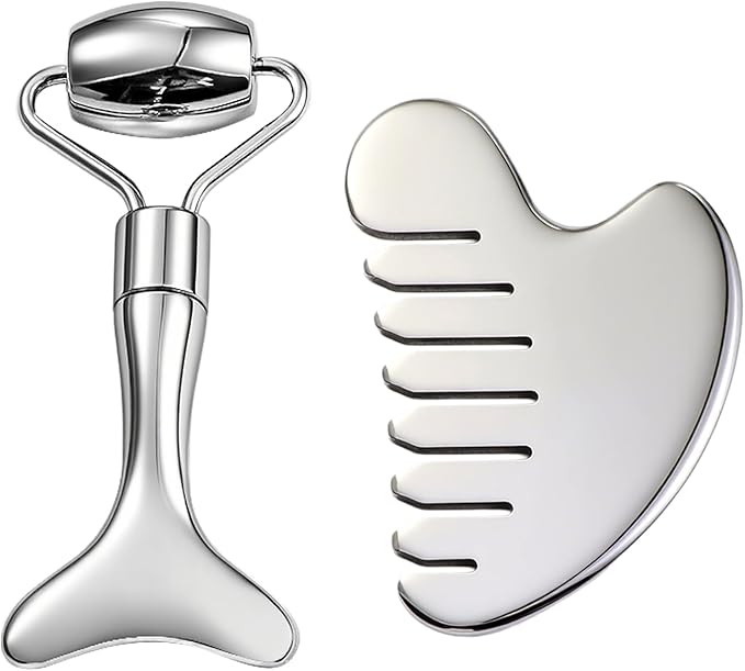 Gua Sha Facial Tool and Face Roller Set, Stainless Steel Lymphatic Drainage Massager for Face, Head, Eyes, Chin and Jaw, Lifting, Massage Scraping with Travel Pouch