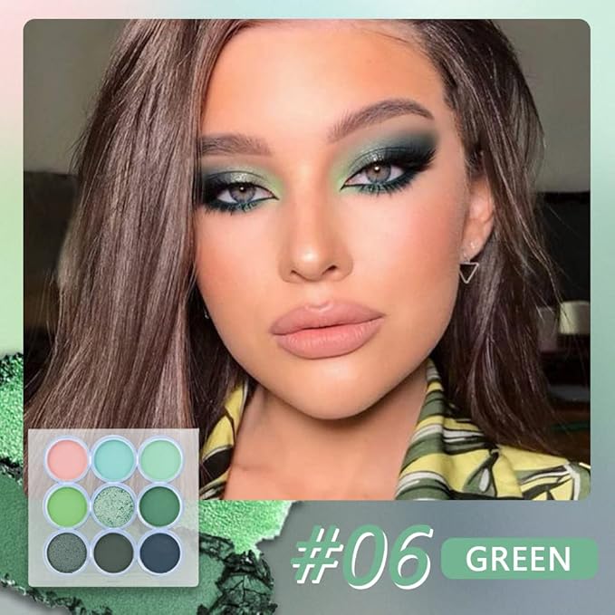 9 Colors Green Olive Matte Shimmer Eyeshadow Palette for Eye Makeup,High Pigmented Pink Emerald Mint Eye Shadow Primers Powder Palet de sombras de ojos