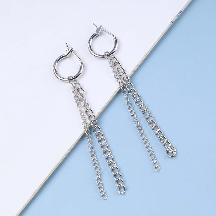 Vintage Layered Chain Dangle Earrings Long Chain Hoop Huggie Earrings Silver Curb Chain Stud Earrings Tassel Chain Drop Earrings Jewelry for Women