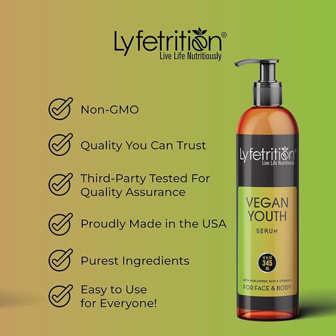 Vegan Youth | 12 Fl oz Large Bottle | Anti-Aging And Wrinkle Serum | (Skin and Face Formula).