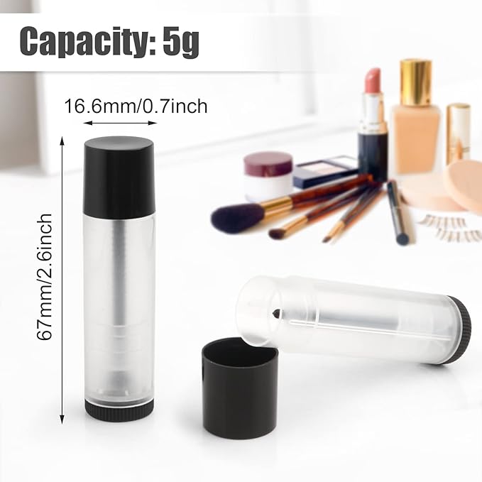 50Pcs 5g Lip Balm Tubes Plastic Lipstick Containers Empty Refillable Twist-up Lip Gloss Balm Filling Stick Clear Tube Holder with Black Cap for DIY Chapsticks Crayon Solid Perfume