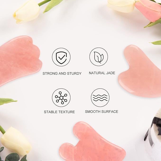 Gua Sha Facial Tools Set of 3 Guasha Massage Tool Rose Quartz Gua Sha Scraping Tool for Face,Neck, Eyes and Body,Jade Stone Guasha Board Pack of 3 (Pink)