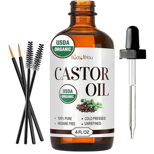 Organic Castor Oil (4oz) - 100% Pure Natural Cold-Pressed Hexane-Free USDA Certified - Glass Bottle - Hair Growth Oil for Scalp Eyelashes Face Skin - Dry Skin Moisturizer Natural Hair Care