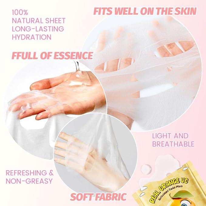 Kaely 10 Pack Orange Face Masks for Kids, Kids Face Mask Spa Day Kit Supplies, Spa Party Favors for Teens Girls Women, Sheet Facial Mask Skincare Gifts Set, Moisturize Soothe for All Skin Types, 05