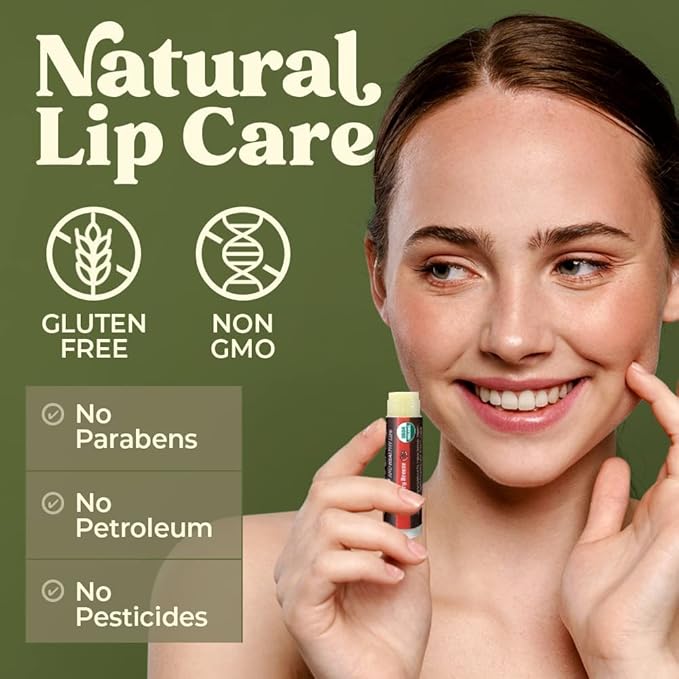 USDA Organic Lip Balm 4-Pack by Earth's Daughter - Strawberry Flavor, Beeswax, Coconut Oil, Vitamin E - Best Lip Repair Chapstick for Dry Cracked Lips.