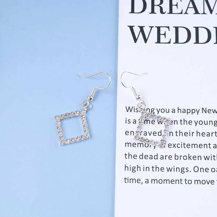 Vintage Crystal Square Drop Earrings Rhinestone Square Dangle Earrings Hollow Square Hook Earrings Silver Sparkly Cz Square Earrings Jewelry for Women