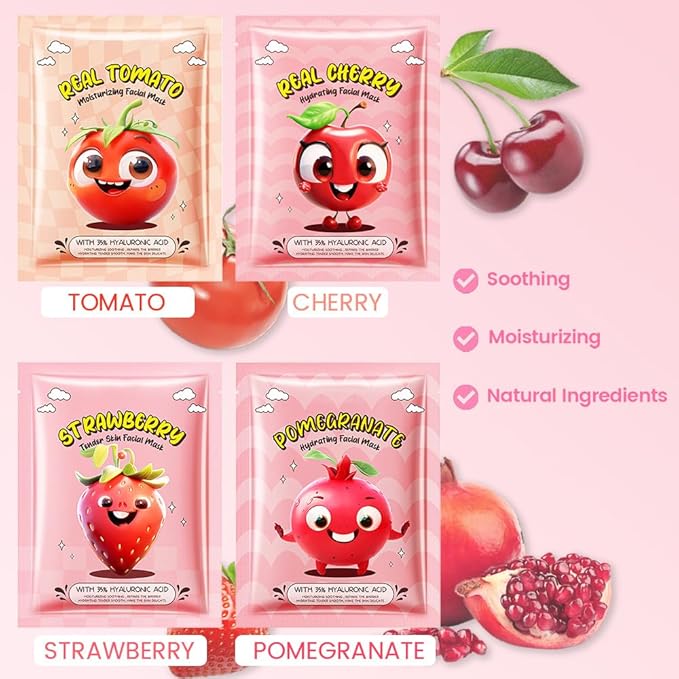 12 Pack Fruit Kids Face Mask,Pink Face Masks Skincare Spa Day Kit Supplies,Spa Party Favors for Teens Girls Women,Sheet Facial Mask Skincare Gifts Set,Moisturize Soothe for All Skin Types