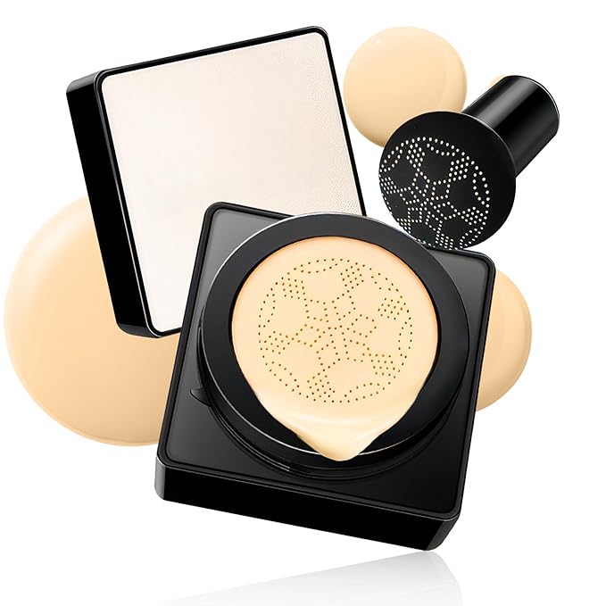 Air Cushion CC Cream Mushroom Head - Moisturizing & Oil Control Screw Lid Concealer Makeup Base, Primer Liquid Foundation Long Lasting with Mushroom Makeup Sponges for All Skin Types (Buff Beige)