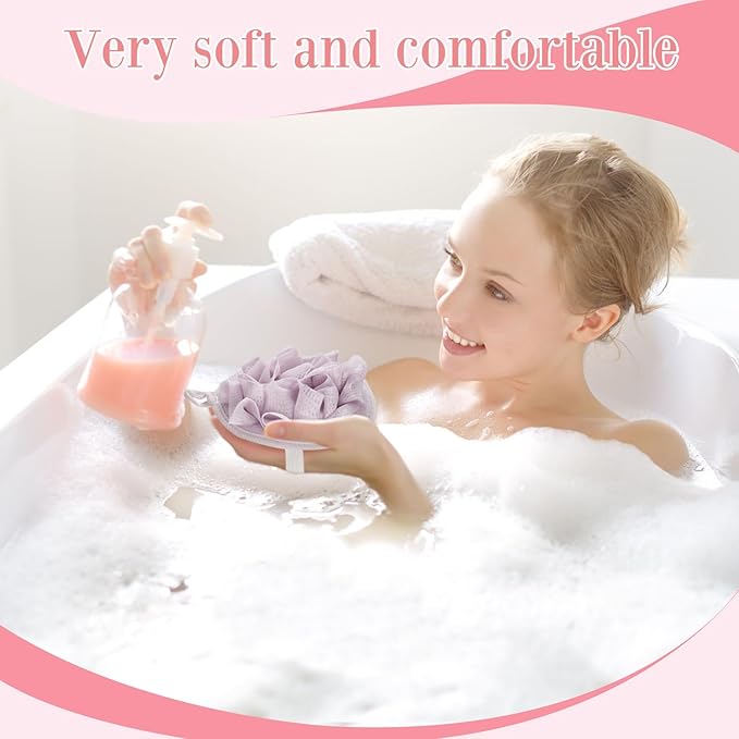 Boao Bath Shower Pouf Sponge Mesh Pouf Shower Ball Exfoliating Body Sponge Pad Scrubber Glove with Flower Bath Ball(3 Pcs,Purple)