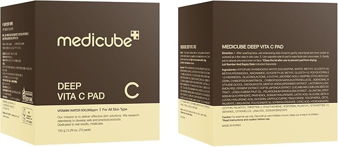Medicube Deep Vita C Facial Toner Pads for Uneven Skin Tone, 500,000PPM of Vitamin Water & 3 Types of Vitamin, Hydrating & Resurfacing (70 sheets)