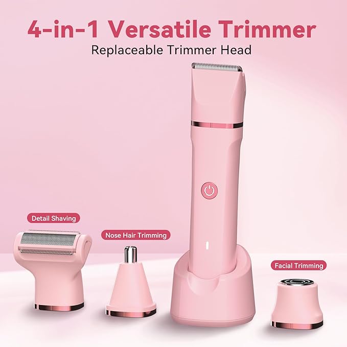 Bikini Trimmer for Women - 4 in 1 Electric Razors for Women, Waterproof Body Pubic Hair Electric Shaver for Womens, Replaceable Facial & Nose Hair Razor, Rechargeable Grooming Kit, Pink
