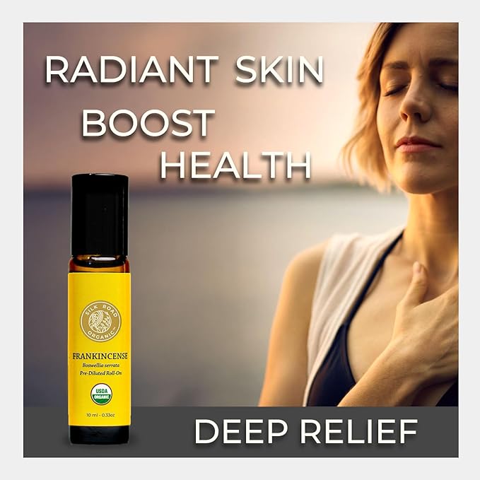 Silk Road Organic Frankincense Serrata Essential Oil Roll on, 100% Pure USDA Certified Aromatherapy for Skin Health, Aging, Fine Lines & Body Aches - 10 ml Roller