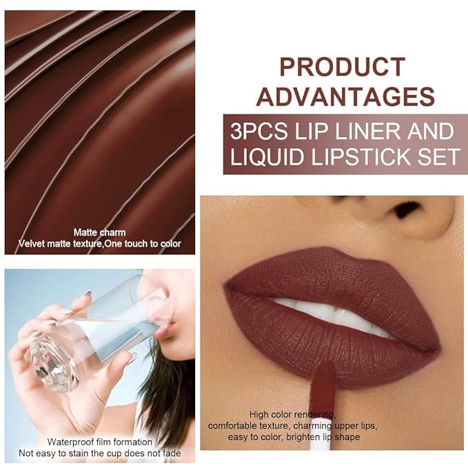 evpct 3Pcs Chocolate Nude Brown True Nude Matte Lip Liner & Liquid Lipstick Stain Makeup Set for Women, Lip Liner Stain Long Lasting Waterproof Smudge Proof, Cruelty Free Lip Makeup 24 hours originale