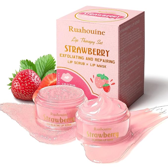 Strawberry Lip Scrub And Mask Set, Sugar Exfoliator Lip Scrub For Dark Lips To Lighten, Lip Care Kit, Sleeping Lip Mask, 1.4 oz / 2-piece