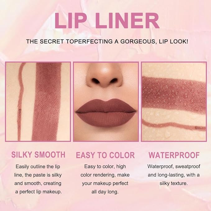 Kaely 2-in-1 Brown Lip Liner & Lipstick Set Kit for Women, Matte Lips Kit with Lip Liner Lip Stains Long Lasting Waterproof 24 Hour Lipstick and Lip Liners Combo Lipliners Pencil Set 11