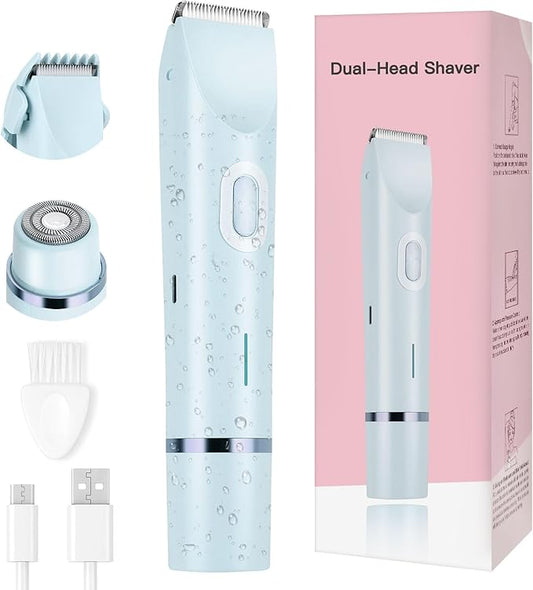 Women's Bikini Trimmer, 2-in-1 Electric Shaver for Bikini Line, Legs, Underarms, Face - Waterproof Women's Electric Shaver for Sensitive Skin, USB Rechargeable (Purple) (Blue)
