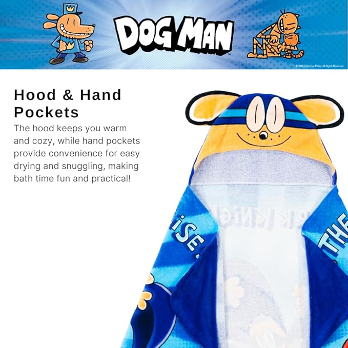 Dog Man Supa Comic Kids Super Soft Bath/Pool/Beach Soft Cotton Terry Hooded Towel Wrap, 24 in x 50 in, (Officially Licensed Product) by Franco