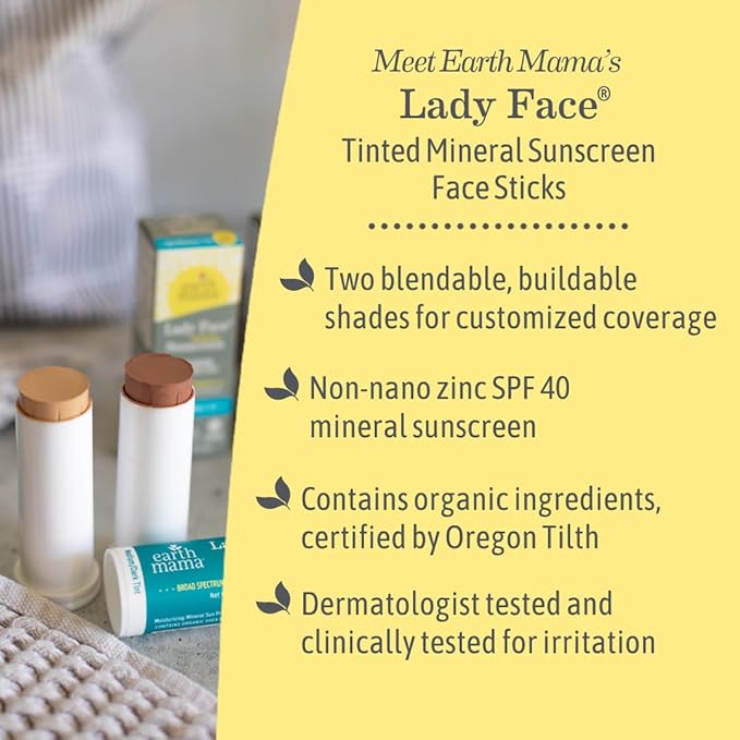 Earth Mama Lady Face® Tinted Mineral Sunscreen Face Stick SPF 40 Light/Medium Tint | Contains Organic Shea & Cocoa Butter | Foundation + Concealer Blends with Most Skin Tones