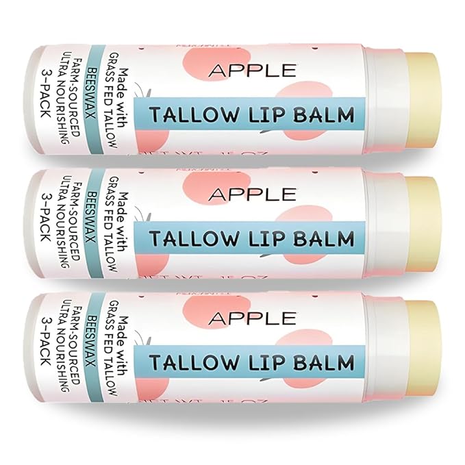 Tallow Lip Balm by Cattle Creek – Organic, All-Natural Ingredients, Long-Lasting Moisture and Hydration for Dry, Cracked, and Chapped Lips, Soothing Formula for Soft Skin (Pack of 3, Apple)