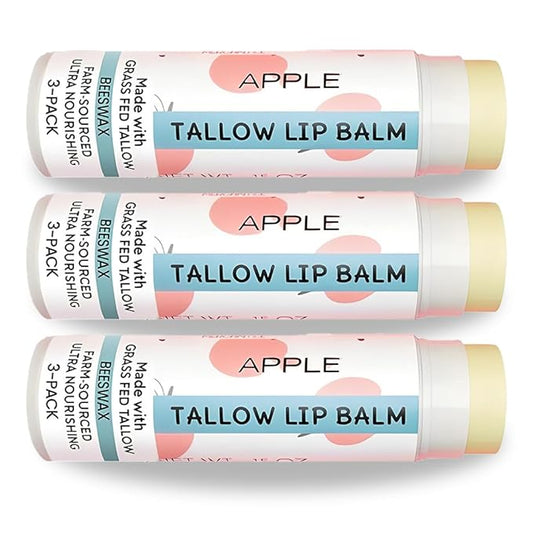 Tallow Lip Balm by Cattle Creek – Organic, All-Natural Ingredients, Long-Lasting Moisture and Hydration for Dry, Cracked, and Chapped Lips, Soothing Formula for Soft Skin (Pack of 3, Apple)