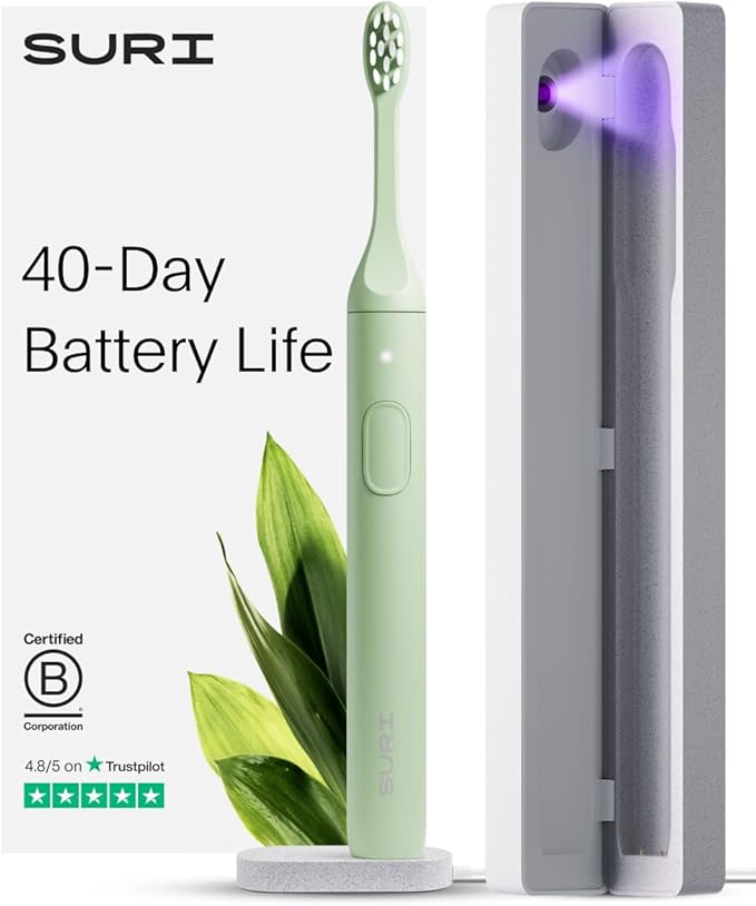 SURI 1.0 Sonic Electric Toothbrush with UV Cleaning Travel Case | 40+Day Battery | Designed in California | Electric Toothbrush for Adults | Travel Toothbrushes | Tooth Brush | Green