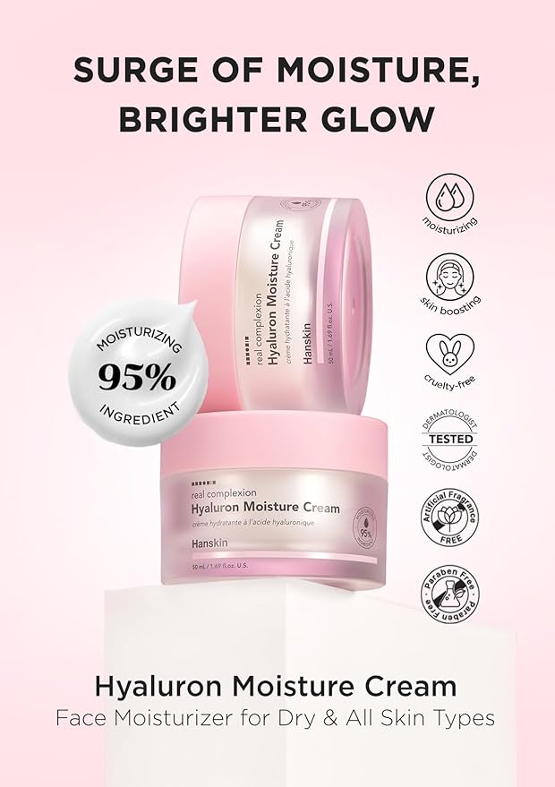 Hanskin Real Complexion Hyaluronic Moisture Cream,Hyaluronic Acid Moisturizer with Niacinamide Vitamin E Moisturizing Lotion for Sensitive and Dry Skin Korean Skincare 1.69 fl.oz.