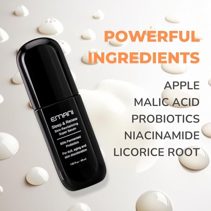 Emani Sleep and Renew Face Serum With Anti Aging and Wrinkle Reducing Properties, Hydrating Serum Contains Fermented Probiotics for Dull and Aging Skin for Women, 1.18 fl oz