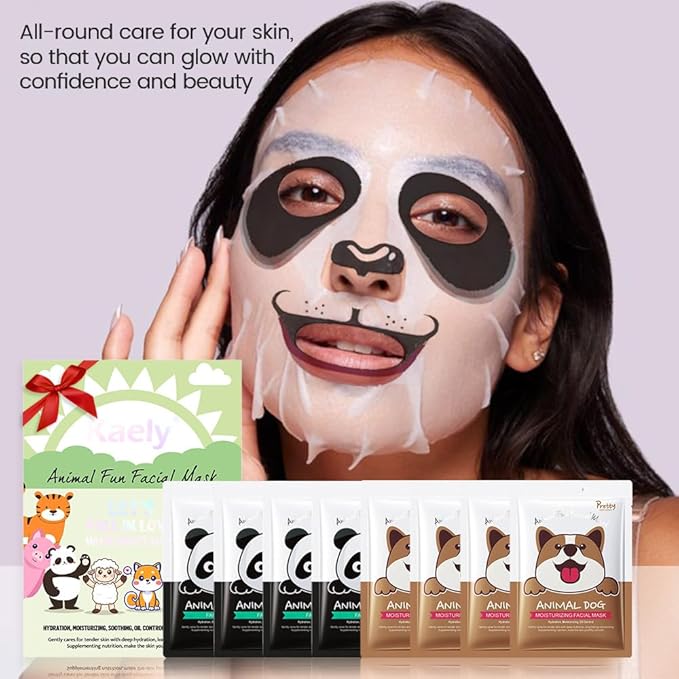 Kaely 8 Pack Animal Character Sheet Masks, Face Masks for Kids Teens Skin Care, Korean Soothe Facial Mask for All Skin Types, Girls Night Skincare Spa Party, Birthday Gifts for Women Men, Set02