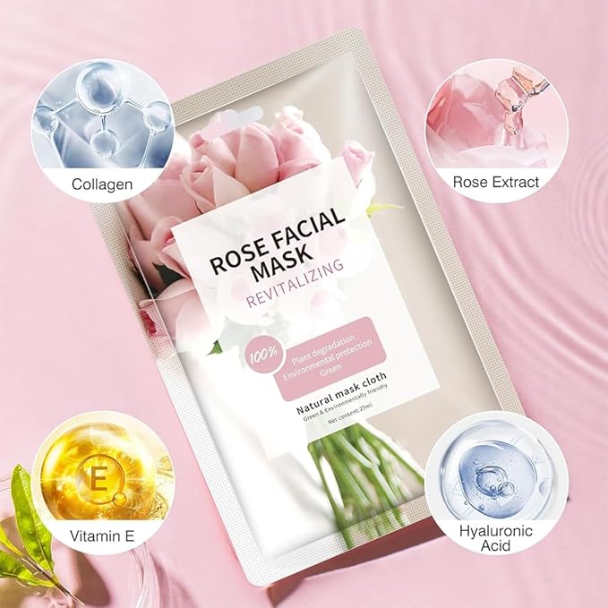 10 Sheets Face Masks Skincare for All Skin Types, Rose Hydrating Face Sheet Masks Suitable for Sensitive Skin, Pink Moisturizing Facial Mask for Women Skin Care, Face Mask Gifts for Face Spa