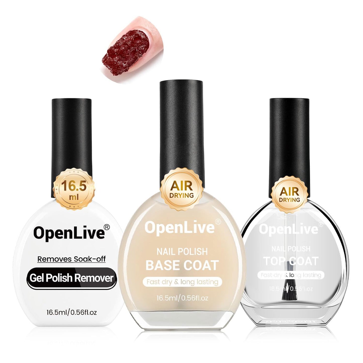 3PCS 16.5ml Quick Dry Base and Top Coat Nail Polish and Gel Remover Set, Base and Top Coat No U V Lamp Curing, Gel Polish Remover for Quick and Easy Removal At Home