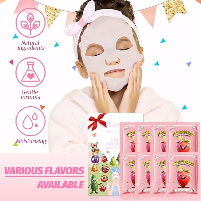 8 Pack Strawberry Kids Face Mask,Pink Face Masks Skincare Spa Day Kit Supplies,Spa Party Favors for Teens Girls Women,Sheet Facial Mask Skincare Gifts Set,Moisturize Soothe for All Skin Types