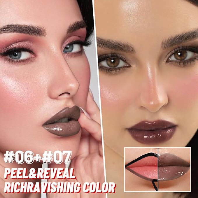 2Pcs Liquid Lip Stain Peel Off Lip liner and Lip oil with Tweezer, Dual-Ended Peel Off Lip Stain Tattoo, Highly Pigmented Long Lasting Waterproof, Transfer-proof for All Skin Types, 06#+07#