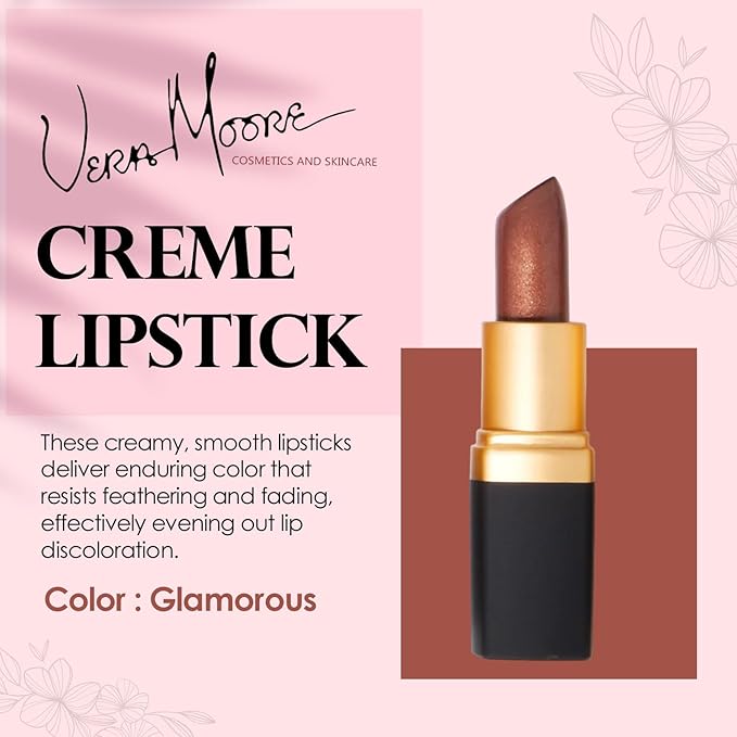 Vera Moore Creme Lipstick, Long Lasting, Lightweight, Moisturizing Opaque Color with Staying Power, Fragrance, and Paraben Free Cosmetics Soft Lipstick (Glamorous)