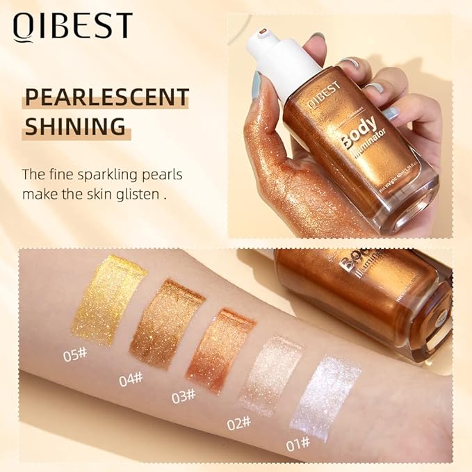 40ml Body Shimmer Oil,Liquid Body Illuminator, Waterproof Moisturizing And Glow For Face & Body, All-In-One Makeup Liquid Illuminator, Summer Body Luminizer,Makeup Brush Include (05#Gold)
